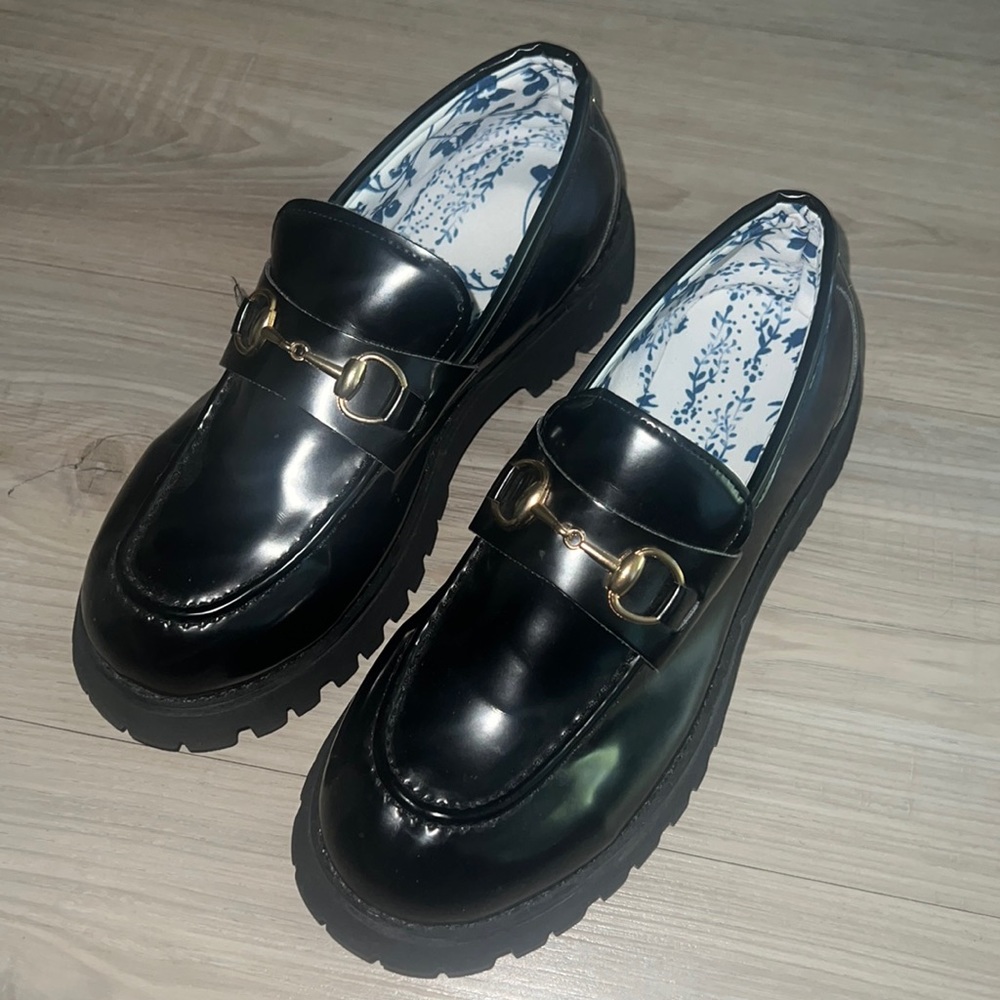 Black Leather Lug Sole Loafers